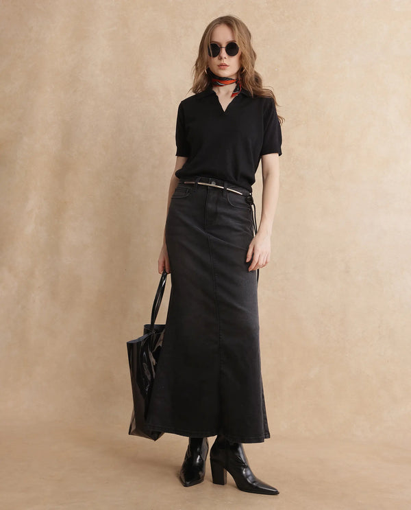 Rareism Women Basel Black Cotton Linen Fabric Short Sleeve Polo Collar Plain Polo