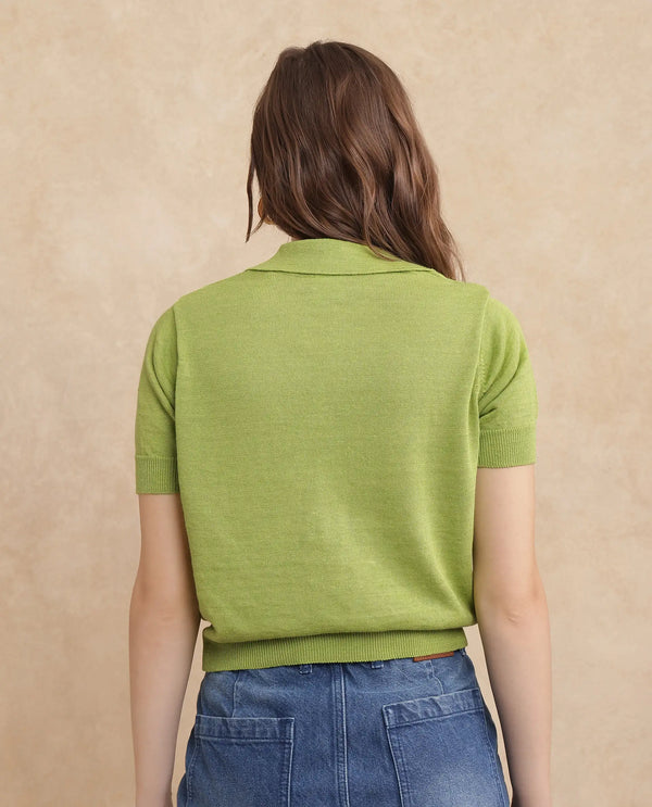 Rareism Women Basel Flouroscent Green Cotton Linen Fabric Short Sleeve Polo Collar Plain Polo