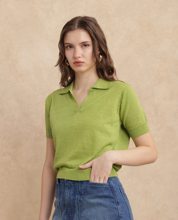 Rareism Women Basel Flouroscent Green Cotton Linen Fabric Short Sleeve Polo Collar Plain Polo