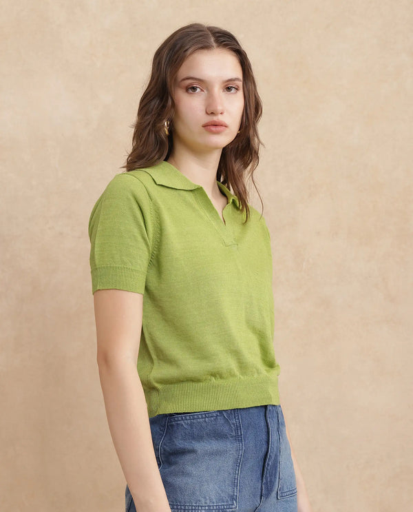 Rareism Women Basel Flouroscent Green Cotton Linen Fabric Short Sleeve Polo Collar Plain Polo