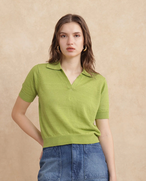 Rareism Women Basel Flouroscent Green Cotton Linen Fabric Short Sleeve Polo Collar Plain Polo