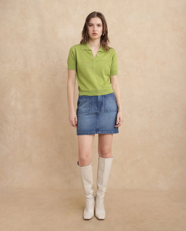 Rareism Women Basel Flouroscent Green Cotton Linen Fabric Short Sleeve Polo Collar Plain Polo