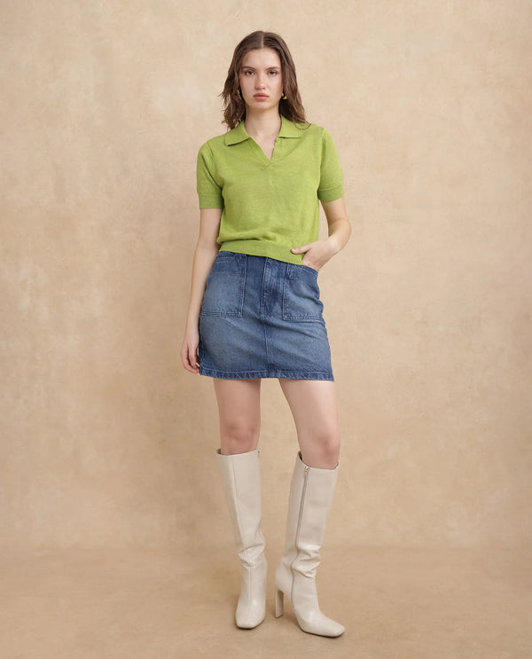 Rareism Women Basel Flouroscent Green Cotton Linen Fabric Short Sleeve Polo Collar Plain Polo
