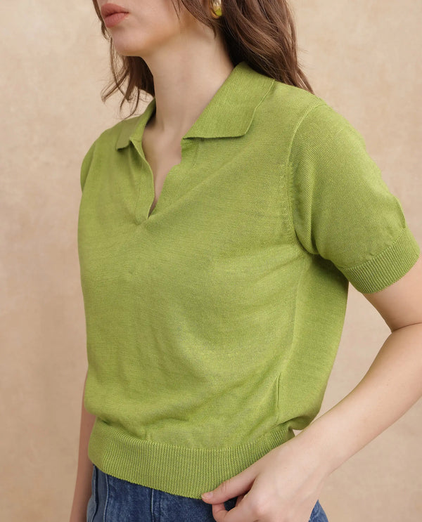 Rareism Women Basel Flouroscent Green Cotton Linen Fabric Short Sleeve Polo Collar Plain Polo