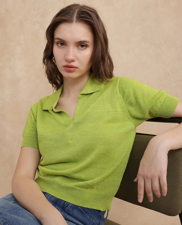 Rareism Women Basel Flouroscent Green Cotton Linen Fabric Short Sleeve Polo Collar Plain Polo