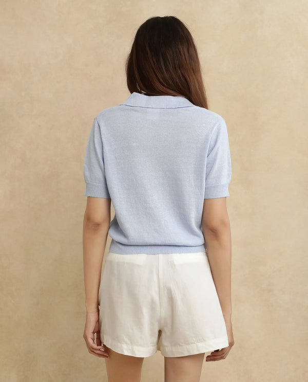 Rareism Women Basel Light Blue Cotton Linen Fabric Short Sleeve Polo Collar Plain Polo