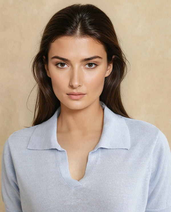 Rareism Women Basel Light Blue Cotton Linen Fabric Short Sleeve Polo Collar Plain Polo