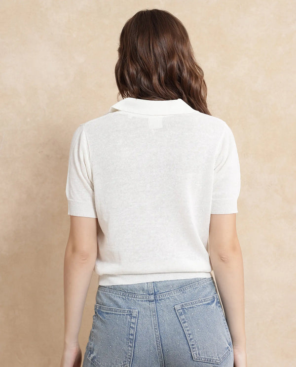 Rareism Women Basel Off White Cotton Linen Fabric Short Sleeve Polo Collar Plain Polo