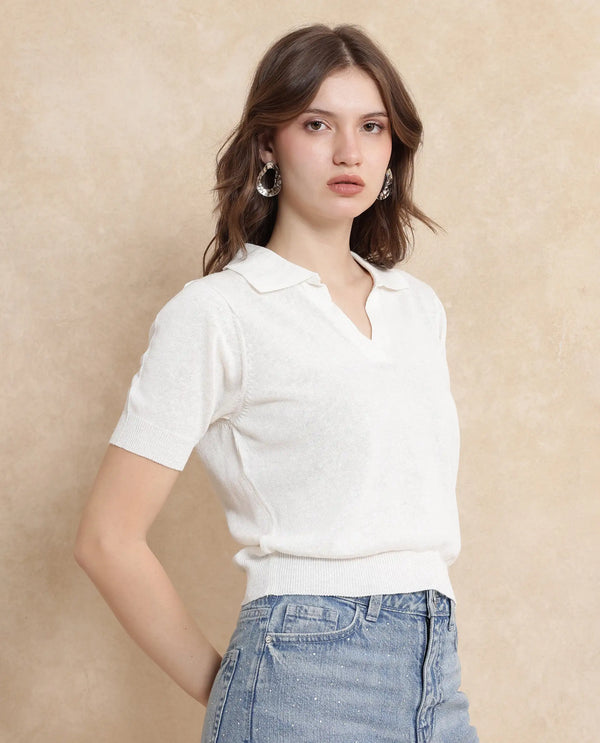 Rareism Women Basel Off White Cotton Linen Fabric Short Sleeve Polo Collar Plain Polo