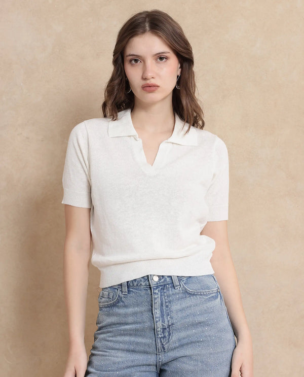Rareism Women Basel Off White Cotton Linen Fabric Short Sleeve Polo Collar Plain Polo