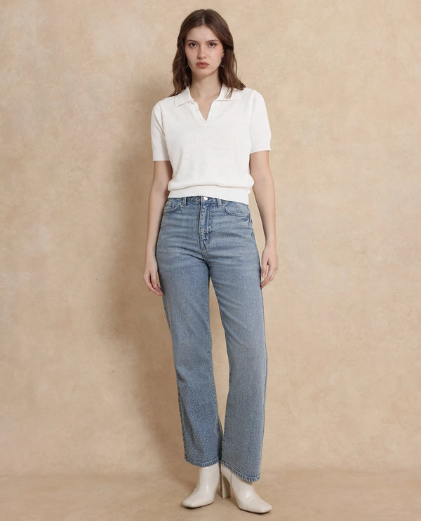 Rareism Women Basel Off White Cotton Linen Fabric Short Sleeve Polo Collar Plain Polo