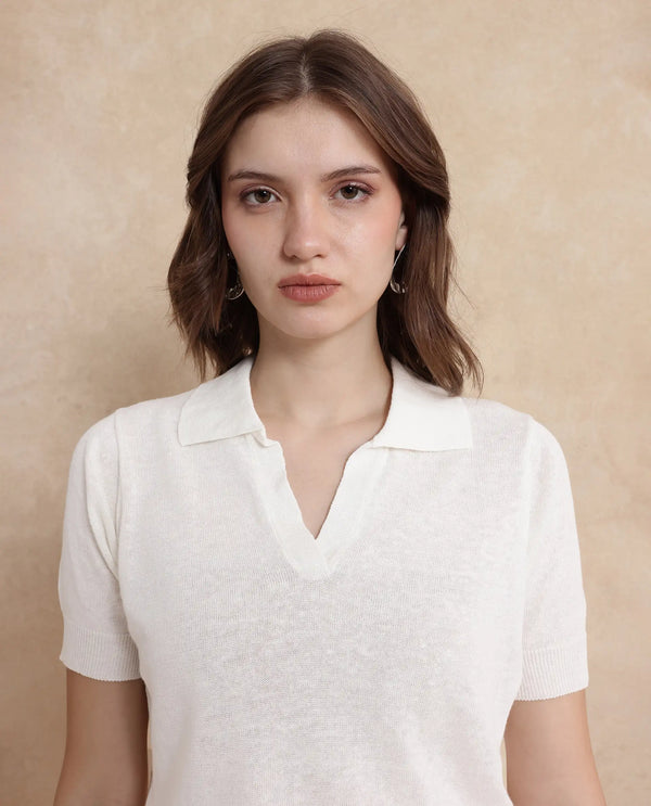Rareism Women Basel Off White Cotton Linen Fabric Short Sleeve Polo Collar Plain Polo