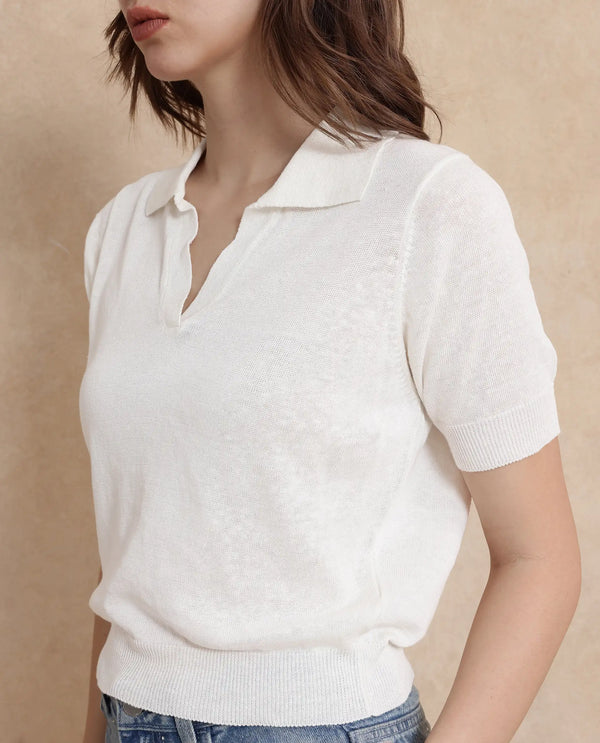 Rareism Women Basel Off White Cotton Linen Fabric Short Sleeve Polo Collar Plain Polo
