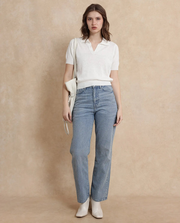 Rareism Women Basel Off White Cotton Linen Fabric Short Sleeve Polo Collar Plain Polo