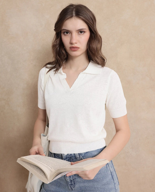Rareism Women Basel Off White Cotton Linen Fabric Short Sleeve Polo Collar Plain Polo