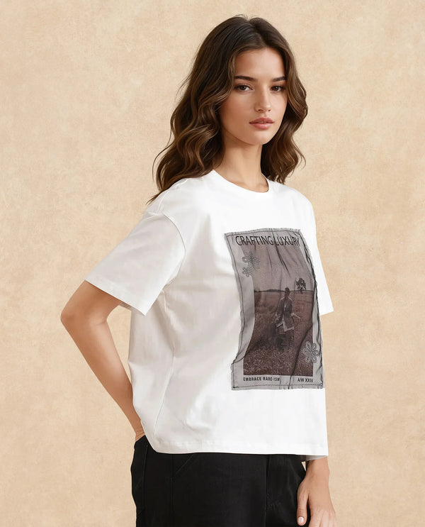 Rareism Women Baskin Off White Cotton Blend Fabric Short Sleeve Crew Neck Relaxed Fit Graphic Print T-Shirt