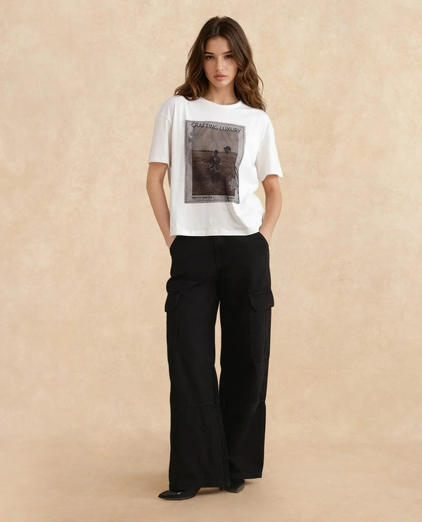 Rareism Women Baskin Off White Cotton Blend Fabric Short Sleeve Crew Neck Relaxed Fit Graphic Print T-Shirt