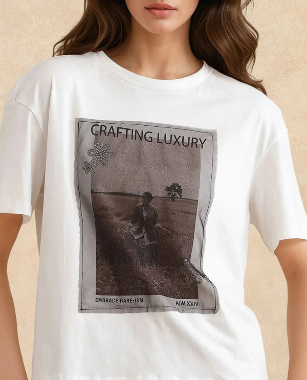 Rareism Women Baskin Off White Cotton Blend Fabric Short Sleeve Crew Neck Relaxed Fit Graphic Print T-Shirt