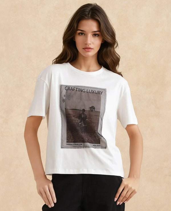 Rareism Women Baskin Off White Cotton Blend Fabric Short Sleeve Crew Neck Relaxed Fit Graphic Print T-Shirt