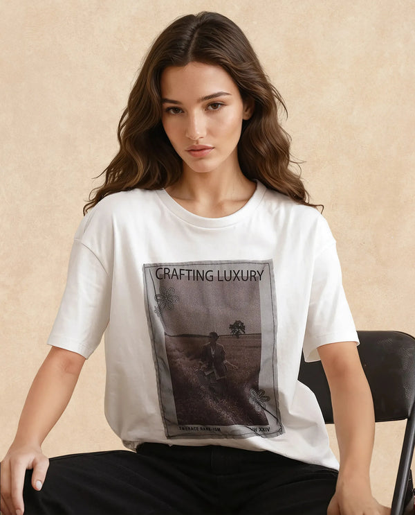 Rareism Women Baskin Off White Cotton Blend Fabric Short Sleeve Crew Neck Relaxed Fit Graphic Print T-Shirt