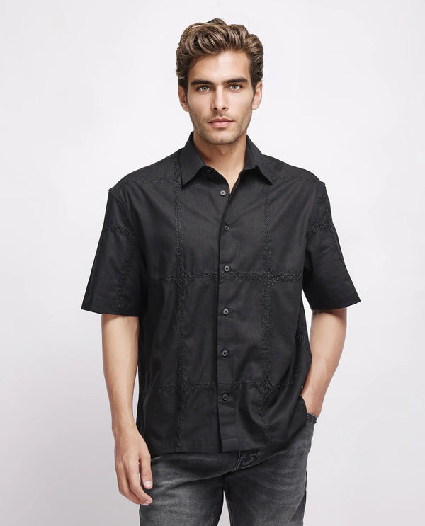 Rare Rabbit Men's Basko Black Cotton Fabric Short Sleeve Collared Neck Button Closure Embroidered Shirt