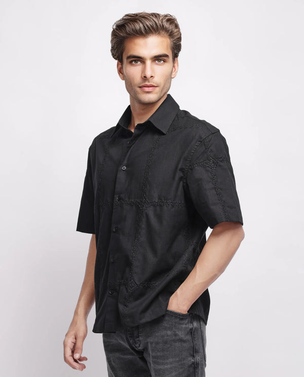 Rare Rabbit Men's Basko Black Cotton Fabric Short Sleeve Collared Neck Button Closure Embroidered Shirt
