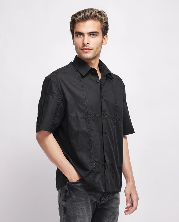 Rare Rabbit Men's Basko Black Cotton Fabric Short Sleeve Collared Neck Button Closure Embroidered Shirt