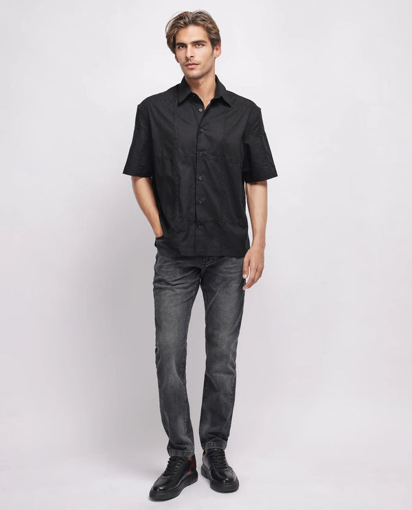 Rare Rabbit Men's Basko Black Cotton Fabric Short Sleeve Collared Neck Button Closure Embroidered Shirt
