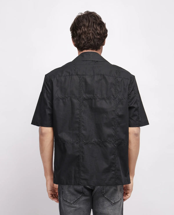 Rare Rabbit Men's Basko Black Cotton Fabric Short Sleeve Collared Neck Button Closure Embroidered Shirt