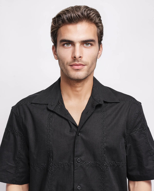Rare Rabbit Men's Basko Black Cotton Fabric Short Sleeve Collared Neck Button Closure Embroidered Shirt