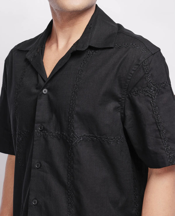 Rare Rabbit Men's Basko Black Cotton Fabric Short Sleeve Collared Neck Button Closure Embroidered Shirt