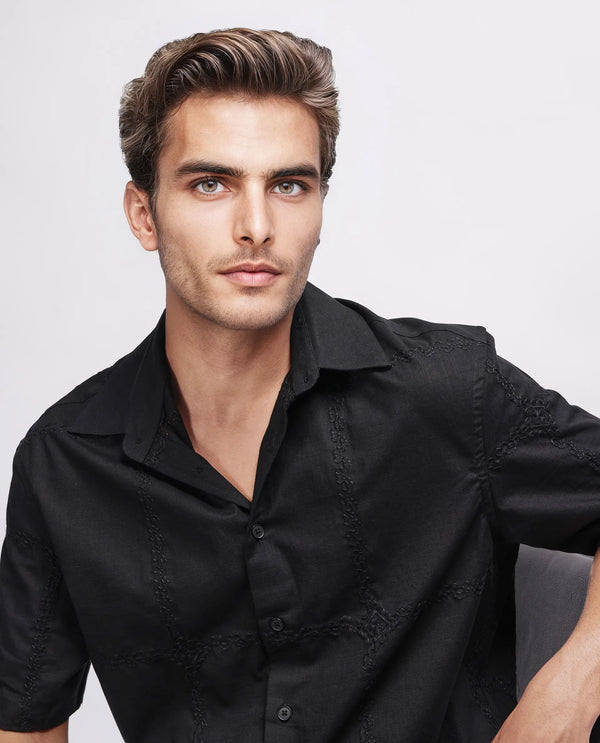 Rare Rabbit Men's Basko Black Cotton Fabric Short Sleeve Collared Neck Button Closure Embroidered Shirt