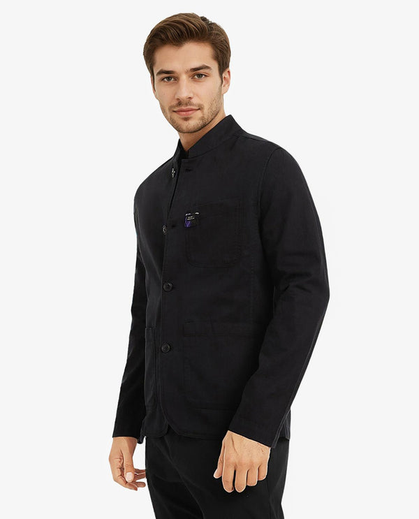 Rare Rabbit Men's Bastein Navy Cotton Fabric Full Sleeves Mandarin Collar Plain Relaxed Fit Jacket
