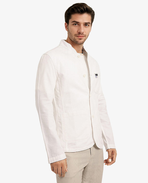 Rare Rabbit Men's Bastein Off White Cotton Fabric Full Sleeves Mandarin Collar Plain Relaxed Fit Jacket