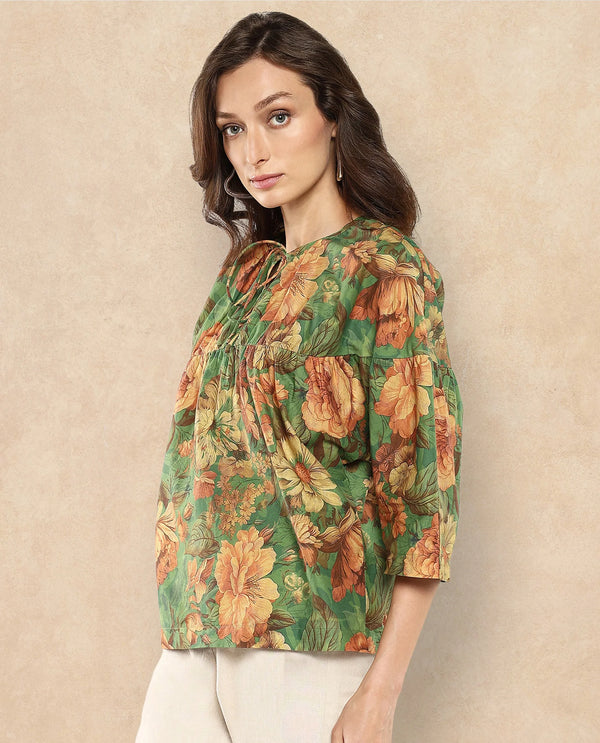 Rareism Women Baudel Green Kimono Sleeve Tie-Up Neck Tie Up Closure Relaxed Fit Floral Print Top