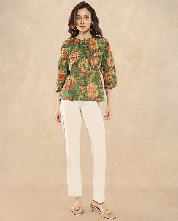 Rareism Women Baudel Green Kimono Sleeve Tie-Up Neck Tie Up Closure Relaxed Fit Floral Print Top