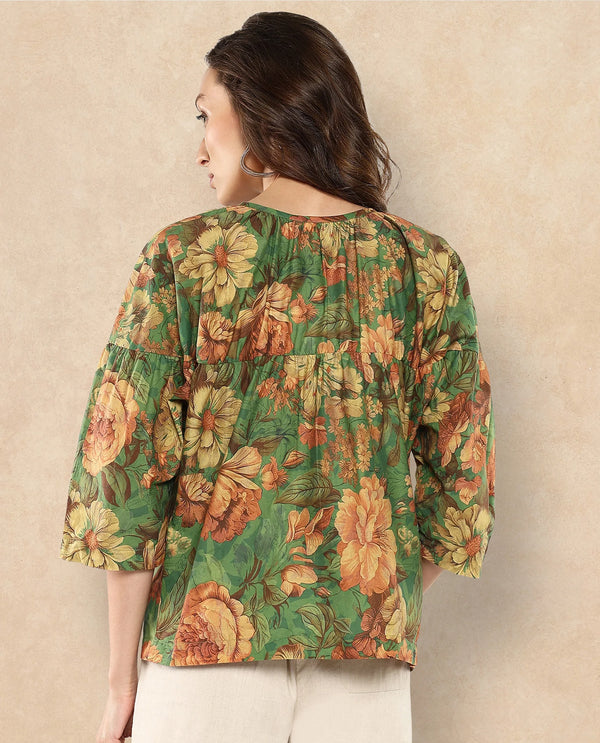 Rareism Women Baudel Green Kimono Sleeve Tie-Up Neck Tie Up Closure Relaxed Fit Floral Print Top