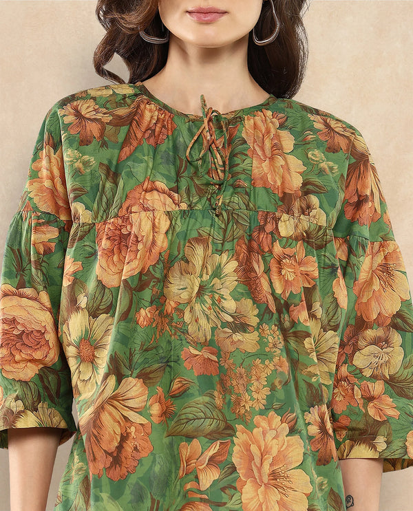 Rareism Women Baudel Green Kimono Sleeve Tie-Up Neck Tie Up Closure Relaxed Fit Floral Print Top