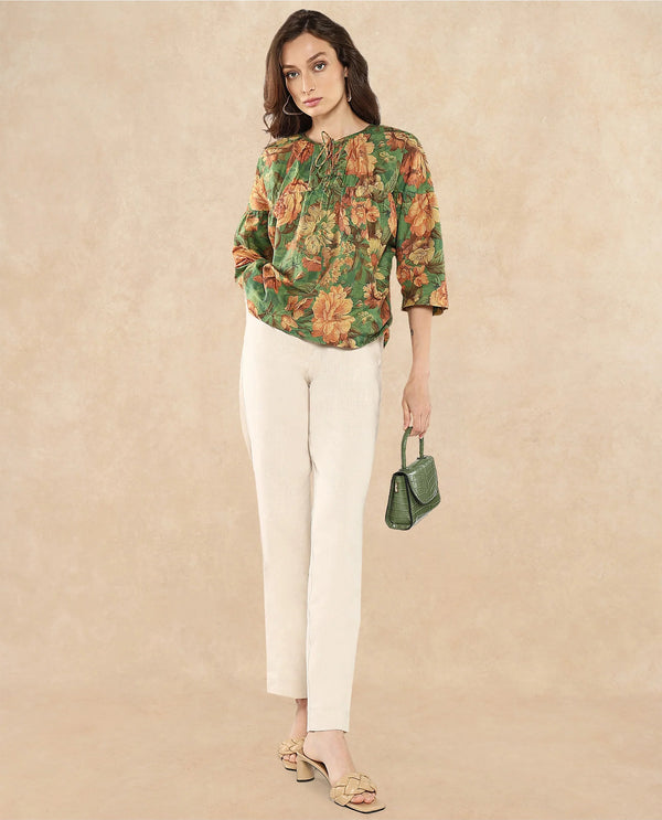 Rareism Women Baudel Green Kimono Sleeve Tie-Up Neck Tie Up Closure Relaxed Fit Floral Print Top