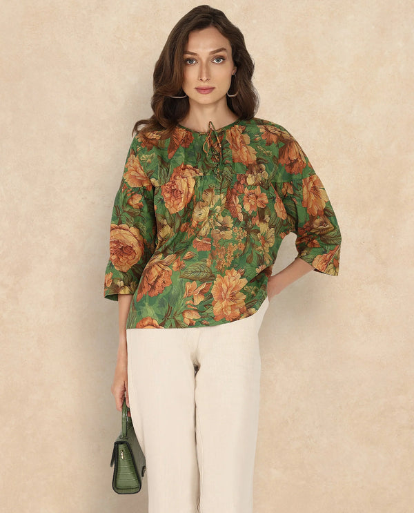 Rareism Women Baudel Green Kimono Sleeve Tie-Up Neck Tie Up Closure Relaxed Fit Floral Print Top