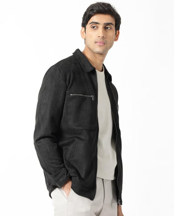 Rare Rabbit Mens Bax 1 Black Jacket Polyester Fabric Collared Neck Woven Full Sleeves Button And Zip Closure Boxy Fit