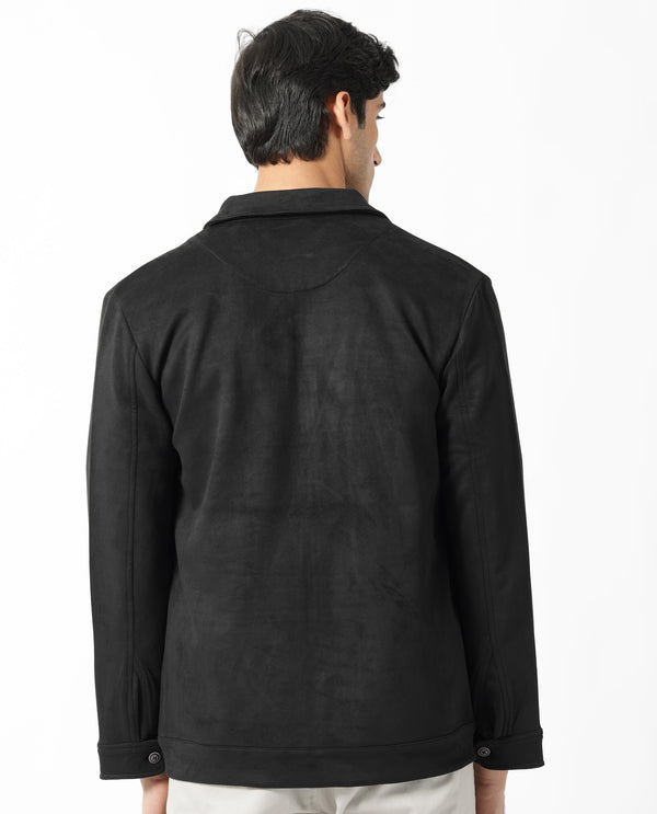 Rare Rabbit Mens Bax 1 Black Jacket Polyester Fabric Collared Neck Woven Full Sleeves Button And Zip Closure Boxy Fit