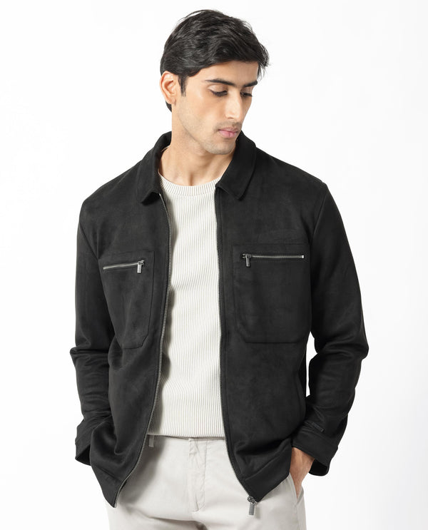 Rare Rabbit Mens Bax 1 Black Jacket Polyester Fabric Collared Neck Woven Full Sleeves Button And Zip Closure Boxy Fit