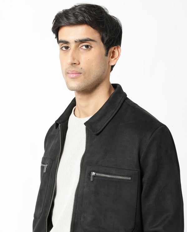 Rare Rabbit Mens Bax 1 Black Jacket Polyester Fabric Collared Neck Woven Full Sleeves Button And Zip Closure Boxy Fit