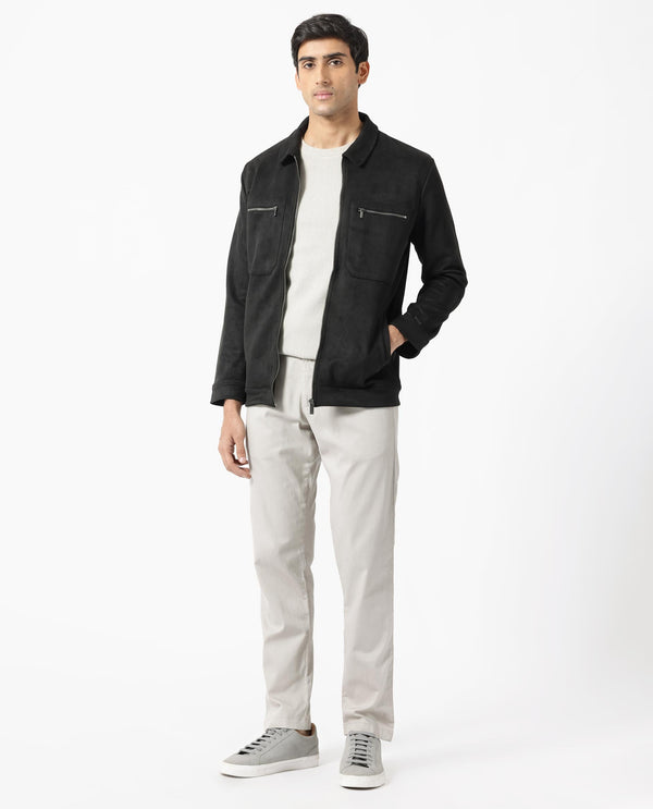 Rare Rabbit Mens Bax 1 Black Jacket Polyester Fabric Collared Neck Woven Full Sleeves Button And Zip Closure Boxy Fit
