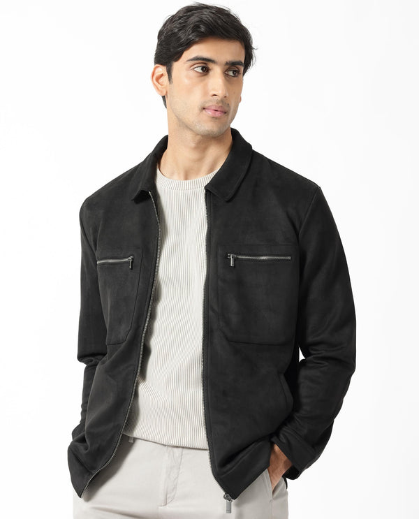 Rare Rabbit Mens Bax 1 Black Jacket Polyester Fabric Collared Neck Woven Full Sleeves Button And Zip Closure Boxy Fit