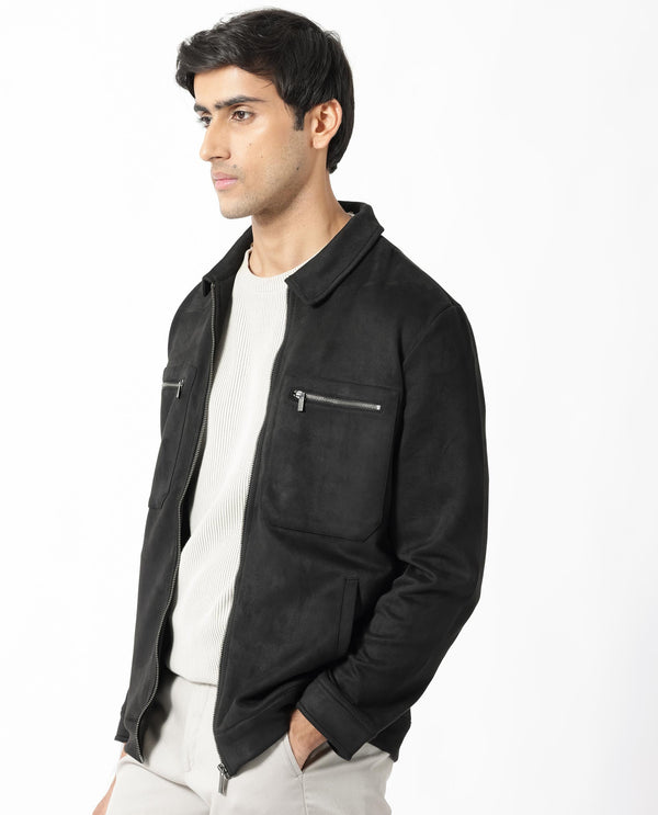 Rare Rabbit Mens Bax 1 Black Jacket Polyester Fabric Collared Neck Woven Full Sleeves Button And Zip Closure Boxy Fit