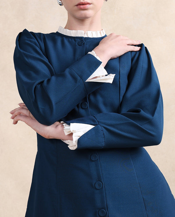 Rareism Women Bayburt Teal Poly Blend Fabric Full Sleeve Ruffled Neck Button Closure Straight Fit Knee Length Plain Dress