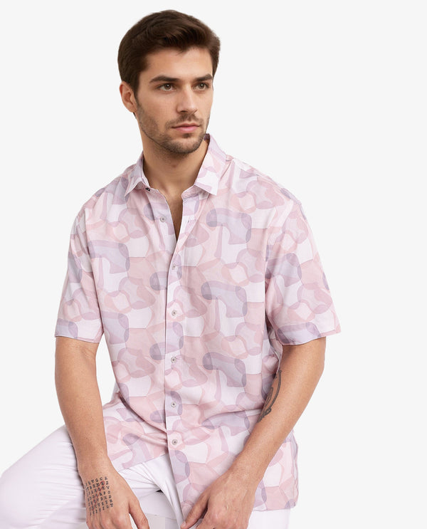 Rare Rabbit Men's Baykal Light Brown Viscose Fabric Abstract Print Half Sleeves Shirt