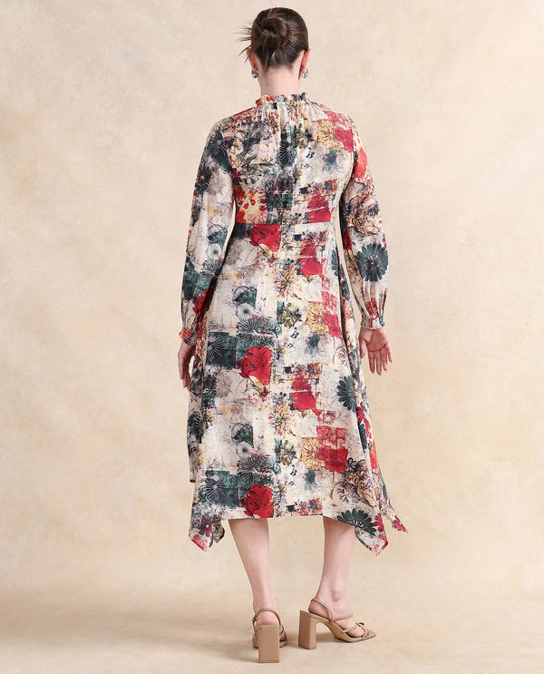 Rareism Women Baylo Dusky Multi Nylon Viscose Fabric Smocked Sleeve Ruffled Neck Zipper Closure Asymmetric Fit Midi Abstract Print Dress
